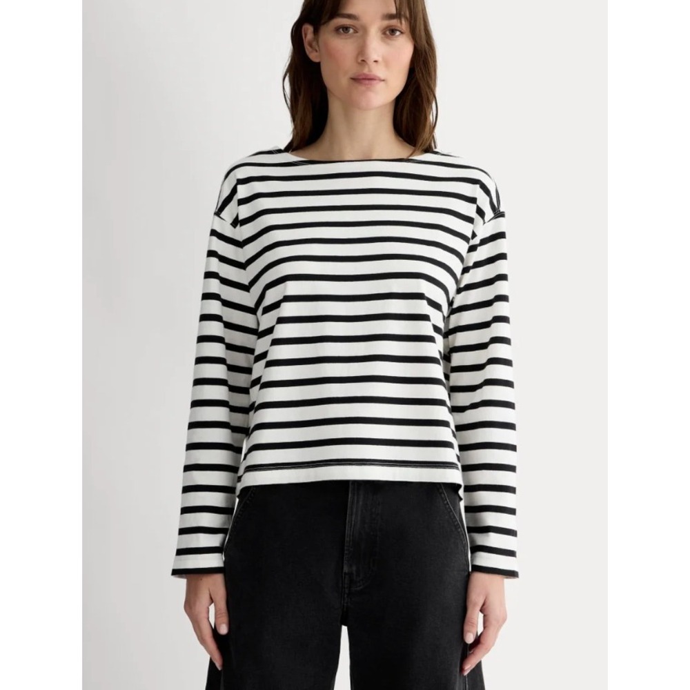 Everlane Womens Small Petite Black White Striped Cotton Long Sleeve Tee‎ Shirt